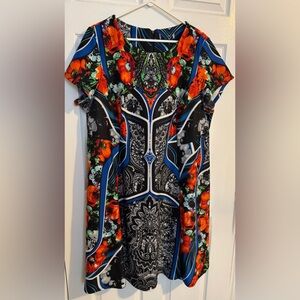 Vibrant Floral Dress with Black, Orange, Blue Accents sz22